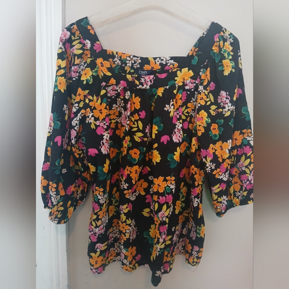 Chaps Black Floral Blouse with Orange and Pink Accents